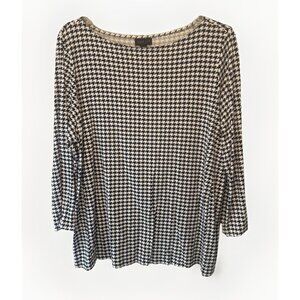 J Jill Wearever Womens Black White Houndstooth 3/4 Sleeve Top Large Classic City